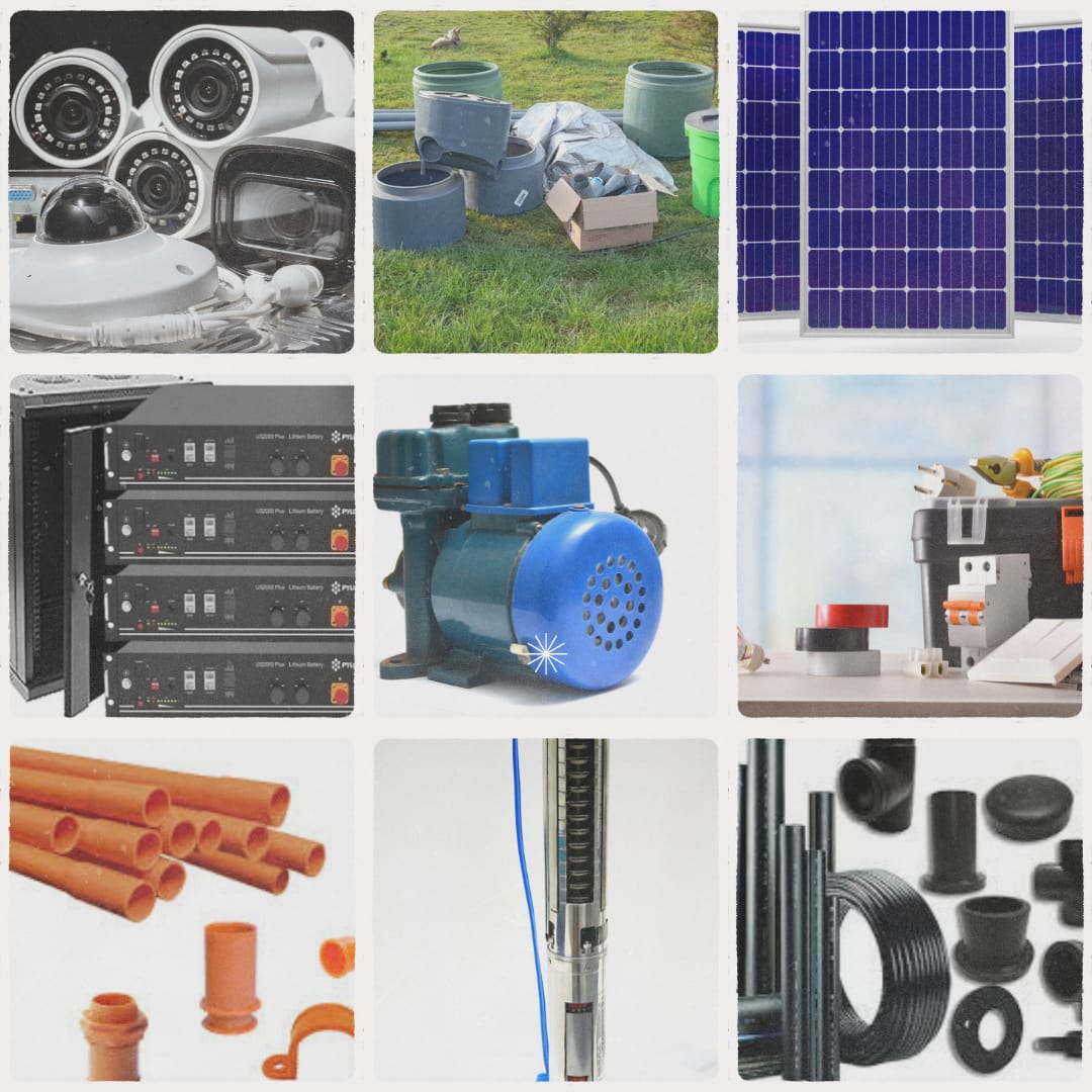PANELES, FOTOVOLTAICOS, PPR, CAMARAS DE SEGURIDAD, CONDUIT, PPR, PVC, BOMBAS DE AGUA BATERIAS LITIO, ENCHUFES CABLES ELECTRICOS